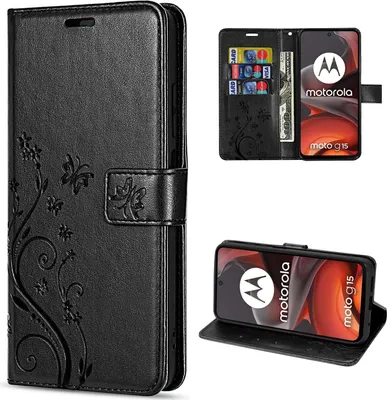 A collage of images showing a black flip phone case with floral and butterfly embossing, and a phone inside the case.