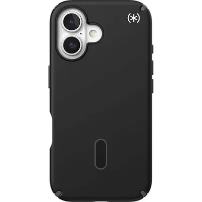 A black phone case with a camera cutout and a brand logo.