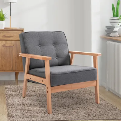 Produktbild von SUGIFT Polstersessel Wohnzimmer Lesesessel, Loungesessel Relaxsessel Leinenoptik, Skandinavisch, Grau | 64,5 x 70 x 74 cm | Gummiholz | bis 120 kg