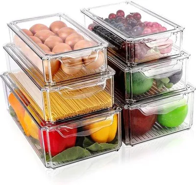 Immagine prodotto di Set di contenitori per frigorifero, 6 scatole trasparenti, impilabili, per armadietti da cucina