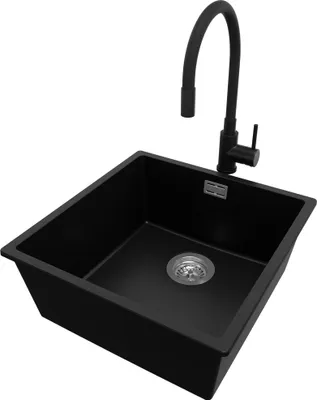 Produktbild von PRIMAGRAN Granitspüle Schwarz 46x47cm, Spülbecken 1 Becken + Küchenarmatur 40x38cm + Ablauf-Set, Küchenspüle ab 50er Unterschrank - London Slim