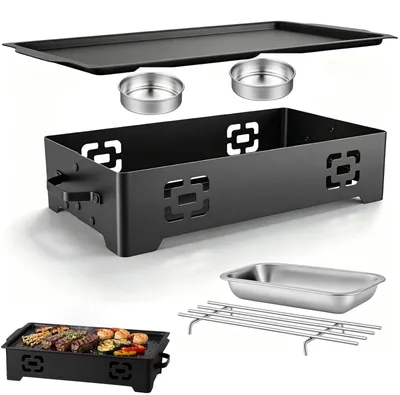 Warmhoudplaat 37x20x8 cm mit 3 Alkoholschalen & Grillrost