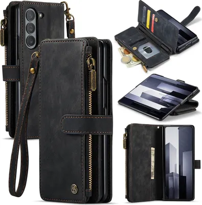 Immagine prodotto di Custodia in pelle per Samsung Galaxy Z Fold 6, custodia in Finto cuoio con cerniera, chiusura magnetica, tasca per carte, supporto, custodia per portafoglio nero