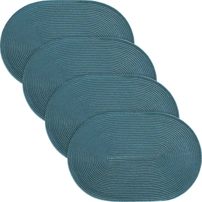 Four oval teal placemats are arranged in a staggered formation against a white background.