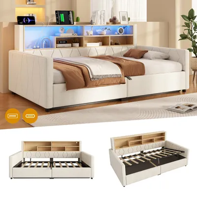 Zdjęcie produktu dla Łóżko jednoosobowe 90 x 200 cm z hydraulicznym pojemnikiem, listwą LED, gniazdkiem elektrycznym, portami USB-A i USB-C, półką na zagłówku, wykonane z lnu i MDF, w kolorze beżowym/szarym, bez materaca
