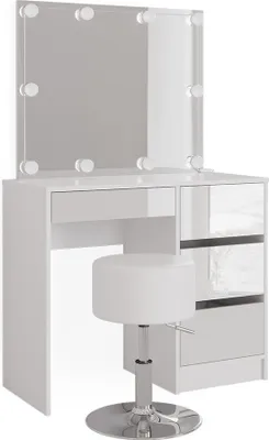 A white vanity table with a mirror and LED lights, along with a white stool.