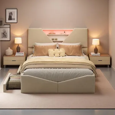 Immagine prodotto di Letto imbottito 140 x 190 cm con LED, letto matrimoniale imbottito con testiera contenitore e cassetti, letto multifunzionale con spazio contenitivo, letto per ragazzi (design a triangolo scavato e stile cassetti, 140x190 cm)