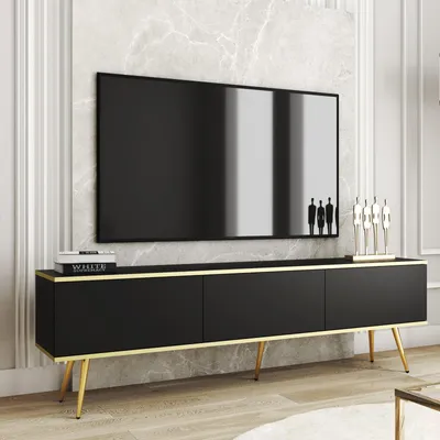 Productafbeelding van TV-meubel FORNO, zwart en goud, Glamour Art Deco stijl, 175 cm, met gouden poten
