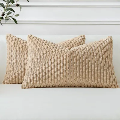 Produktbild von Set mit 2 Kissenbezügen aus Cord, dekorative Kissenbezüge, weiche Kissenbezüge, Dekokissen, Boho-Dekobezüge für Sofa, Schlafzimmer, Wohnzimmer (30x50 cm, beige)