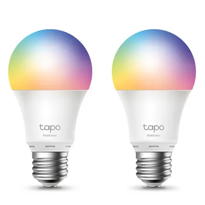 Two smart light bulbs with multicolor light.