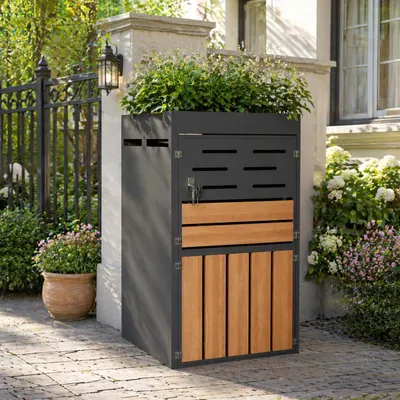 Productafbeelding van Afvalcontainerbox - 66 x 80 x 128 cm, grijs, verzinkt staal, met plantvak, afsluitbaar, geventileerd, AI-gegenereerde afbeelding