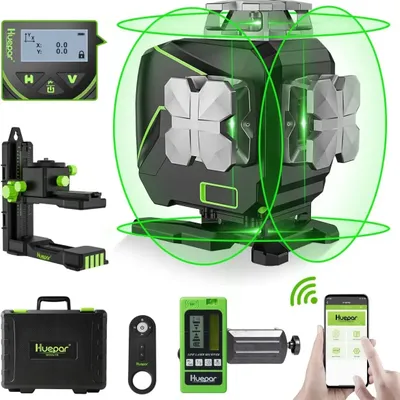 Obrázek produktu pro Samonivelační laserový nivelační přístroj, 4x360° zelený paprsek, 16 čar pro přesnost, laser s přijímačem