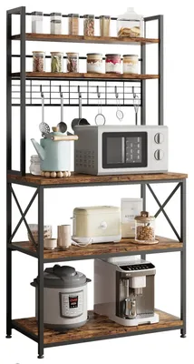 Immagine prodotto di Ripiano per la cucina - Ripiano per microonde e angolo caffè - Portaoggetti industriale per panetterie - Struttura in metallo con ripiani in legno - Ripiano aperto per la cucina - Marrone