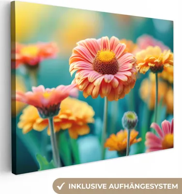 Produktbild von MuchoWow® - Leinwandbilder - Blumen - Bunt - Natur - Gerbera, Wandbild, Wanddeko Bilder Wohnzimmer, 80x60cm