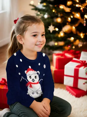 Produktbild von Winterpullover für Kinder - Eisbär Winter Strick Pullover Sweatshirt Ugly Sweater Blau 110-116