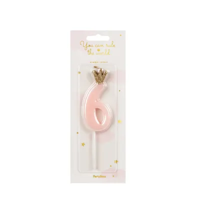 Image de Bougie d'anniversaire rose numéro 6 - Créez des moments inoubliables lors de votre fête ! Idéale pour les gâteaux et les décorations, hauteur 9,5 cm.