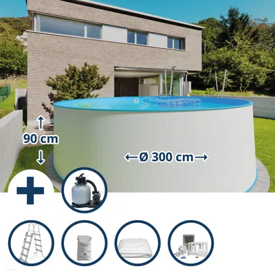 Produktbild von Stahlwandpool Set (6-teilig) hoch rund 300 x 90 cm, Stahl 0,3 mm weiß Folie 0,2 mm blau