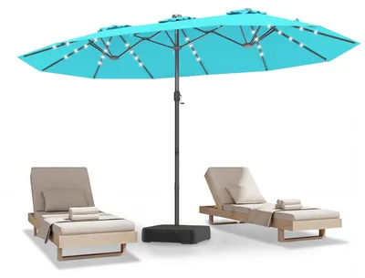 Produktbild von COSTWAY Doppelsonnenschirm 450x260cm, Gartenschirm mit Ständer, LED-Solar-Beleuchtung & Kurbel, Sonnenschirm Groß XXL, Terrassenschirm UPF 50+ Türkis