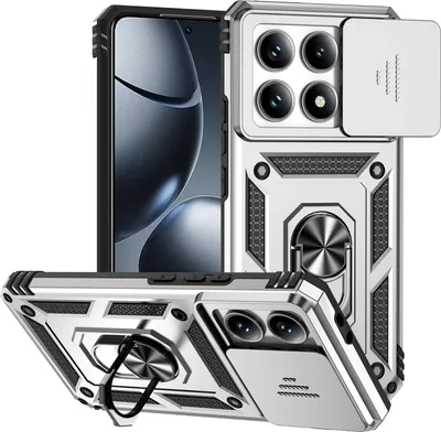 Immagine prodotto di Custodia per Xiaomi 14T Pro a doppio strato con copertura scorrevole della fotocamera e supporto ad anello Argento