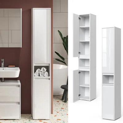 A collage of images showing a tall, narrow white bathroom cabinet with multiple shelves and doors, presented in different angles and configurations.