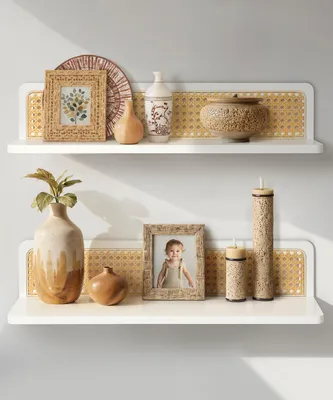 Productafbeelding van Witte boho-wandplanken, set van 2, rieten wandplanken, boho-wanddecoratie, rustieke moderne houten wandplanken voor slaapkamer, woonkamer, kinderkamer
