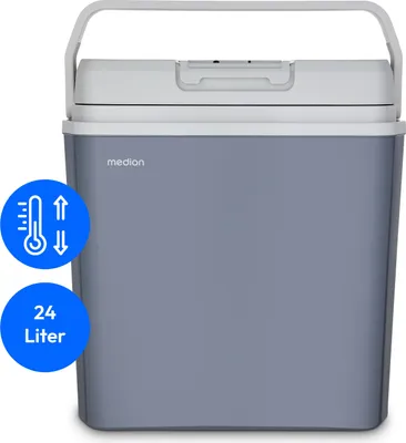 A gray electric cooler box with a white lid and handle, shown from the front on a white background. There are two blue circular overlays on the left side of the cooler box.