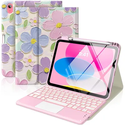 Produktbild von MoKo Touchpad Hülle mit Tastatur für iPad (A16) 11/10 Gen, Ölgemäldeblume