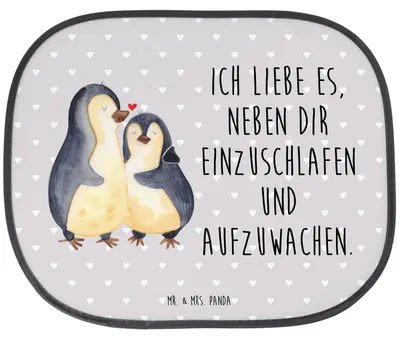 Produktbild von Mr. & Mrs. Panda Sonnenblende Auto Pinguine Einschlafen - Grau Pastell - Geschenk, Mitbringsel, für Frauen, Scheibenschutz, Sonnenschutz Seitenscheibe, Hitzeschutz, kfz