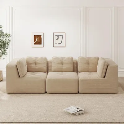 Produktbild von Rahmenloses Ecksofa aus Cord, modulares 3-Sitzer Sofa in Beige, 297 cm Breite, tiefe Sitzfläche, kein Aufbau erforderlich