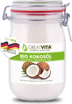 Produktbild von GreatVita Kokosöl 1000 ml, nativ und kaltgepresst | Kokosfett im Drahtbügelglas | aus biologischem Anbau