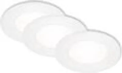 Three white LED recessed lights are arranged diagonally on a white background.