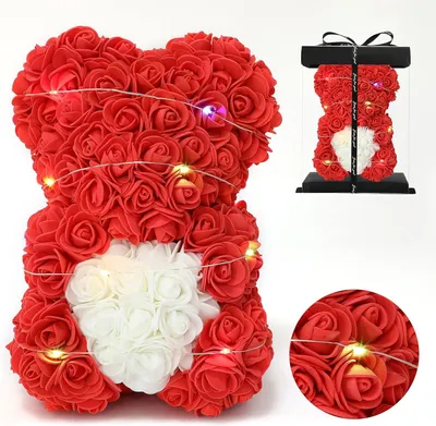 Produktbild von Teddybär Aus Rosenblättern Led Rot In Einer Box Valentinstag Geschenkidee 25Cm