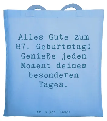 Produktbild von Mr. & Mrs. Panda Baumwollbeutel Spruch 87. Geburtstag - Sky Blue - Geschenk, Geburtstagsgeschenk, Geburtstagswünsche 87 Jahre, einkaufsshopper, Happy Birthday, totebag
