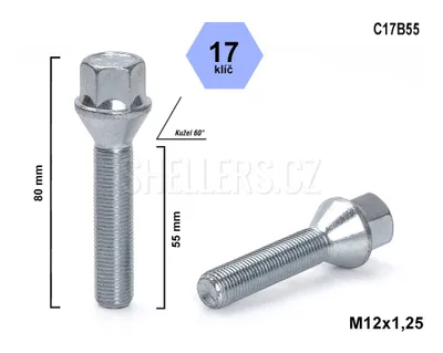 Obrázok produktu pre Skrutka kolesa M12x1,25x55 s kužeľom, kľúč 17, C17B55, výška 80 mm