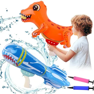 Produktbild von 2-in-1 tragbare Wasserpistolen im Dinosaurier- und Haifischdesign, für den großen Spaß im Freien