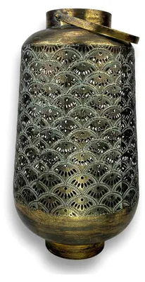 Produktbild von Orientalisches Windlicht aus Metall | Laterne Jaipur | Türkis/Gold | Höhe 55 - Ø 30 cm | Höhe mit Henkel 67 cm | Mit Henkel aus Metall