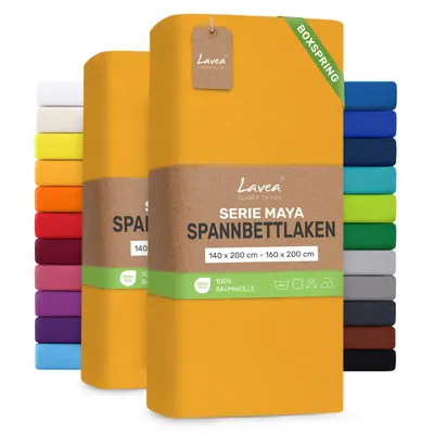 Produktbild von Lavea® 2er Pack Spannbettlaken 140/160x200 cm, Jersey Bettlaken 100% Baumwolle – Boxspringbetten, Wasserbetten, Matratzen bis 35 cm – Goldgelb