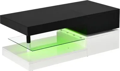 Produktbild von Couchtisch 90x45x35.5cm Modern Mit LED Ambientebeleuchtung APP Bluetooth Steuerung Glasablage Hochglanz Schwarz Weiss Wohnzimmer