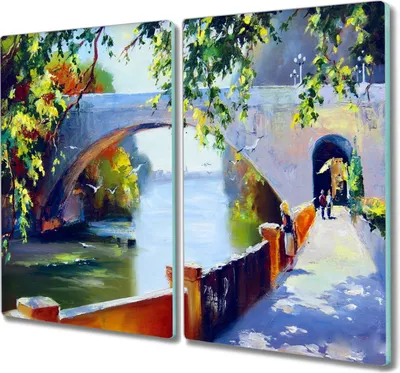 Produktbild von Coloray Schneidebrett Herdabdeckplatte 2x30x52 cm Kochplattenabdeckung Küchenbrett Hackbrett - Baum Fluss-Brücke