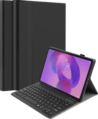 A black tablet case with an attached keyboard is shown in front of a closed tablet case.