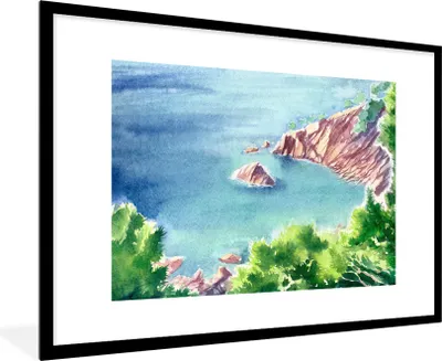Produktbild von MuchoWow® MuchoWow® Gerahmtes Poster Meer - Berge - Wald 90x60 cm - Poster mit zchwarzem Bilderrahmen - Wanddekoration - Fotos