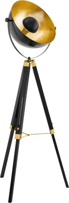 A black and gold tripod floor lamp.