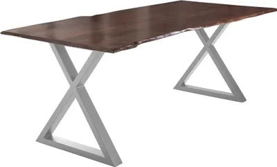 Produktbild von Esstisch Baumkante massiv Akazie nussbaum 220 x 100 silber X-Gestell LUBIN