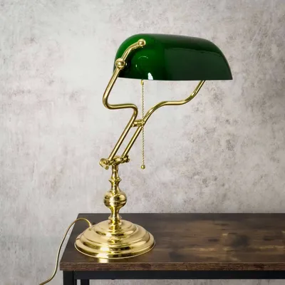 Produktbild von Bankerlampe Messing Glas 47 cm hoch in poliert Grün E27 Jugendstil Tischlampe