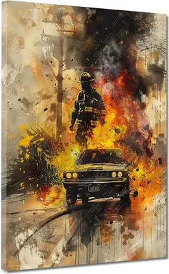 Produktbild von Feuerwehrmann mit brennendem Auto Leinwandbild Wandbild Kunstdruck XL Wanddeko: 90x120x2cm