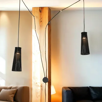 Produktbild von Wandleuchte mit Stecker Kabel Schwarz Holz Schirm flexibel 2-flammig GU10 Wandlampe Schlafzimmer Wohnzimmer