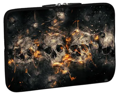 A laptop sleeve with a dark, fiery skull design.