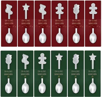 Produktbild von Weihnachtslöffel-Set - 12 Silberne Edelstahl-Löffel - Mit Dankkarten