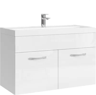 A white high-gloss bathroom vanity set with a sink and faucet, against a white background.