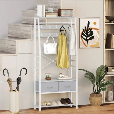 Produktbild von BALCONERA Garderobenregal, 6-in-1-Garderobenständer mit 2 Schubladen, Standgarderobe mit Schuhablage, 8 Haken, Weiß